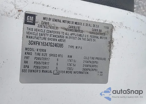 2007 Chevrolet Suburban 1500 Commercial Fleet из США, поврежденный, VIN 3GNFK16347G246395